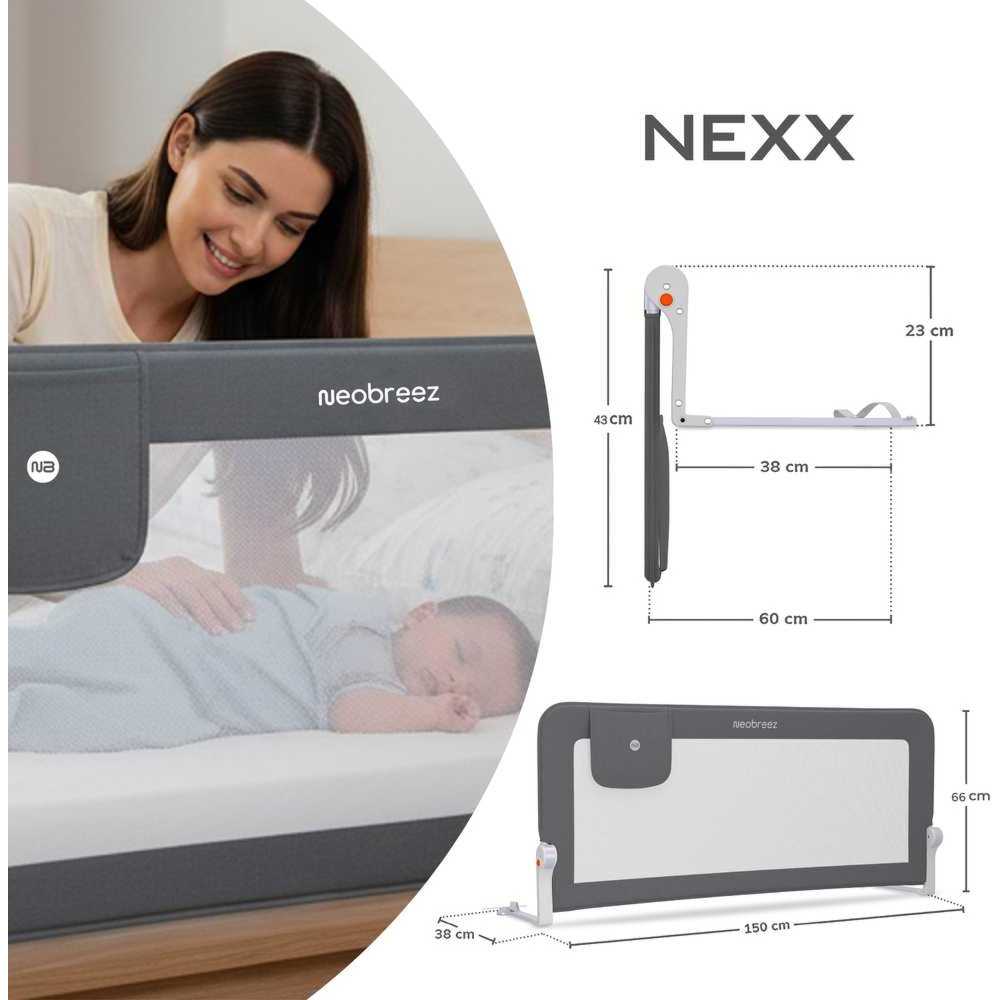 Neobreez Nexx Bed Rail Guard,Foldable Baby/Child Safety Bed Rail - Grey