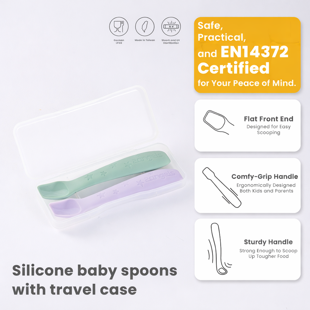 2angels - Silicone Baby Spoons With Travel Case - Starry Summer Leaf/Purple - 2 Pcs