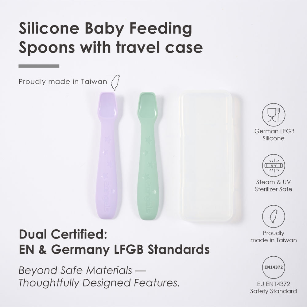 2angels - Silicone Baby Spoons With Travel Case - Starry Summer Leaf/Purple - 2 Pcs