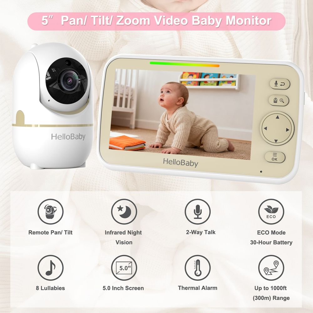 Hello Baby - LCD Baby Safety Monitor With 2 Camera Set - White/Gold - 5-Inch