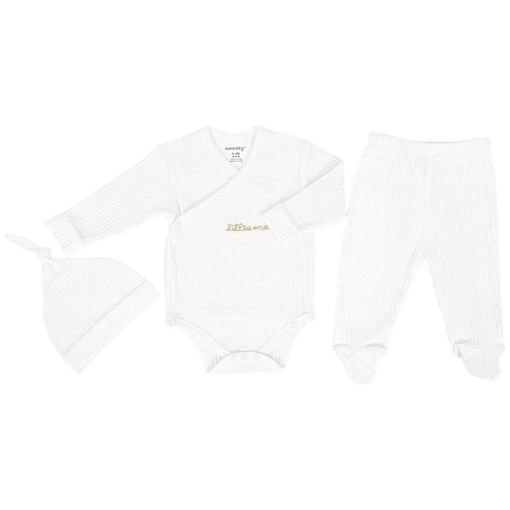 Sunnozy - 3pc-Set - Baby Onesie, Footed Pants & Beanie Cap - White