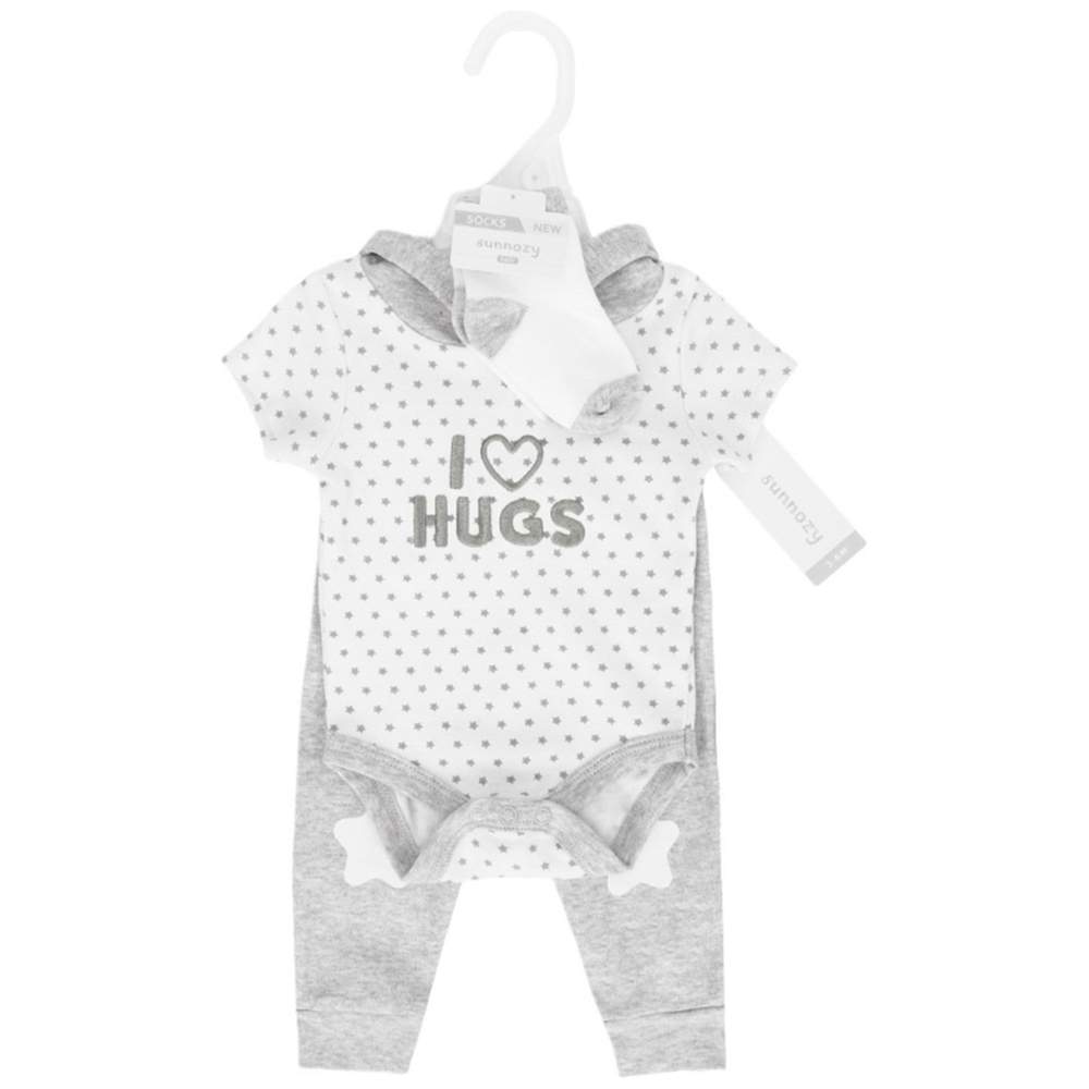 Sunnozy - 3pc-Set - Baby Hooded Onesie, Pants & Socks - Hugs