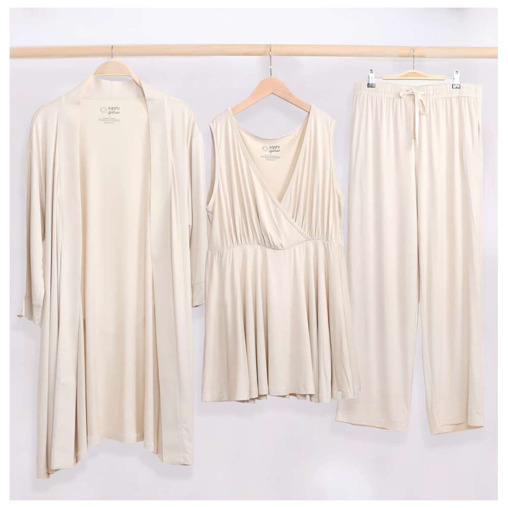 Sashi - 3pc-Set - Mama Comfort Pants, Top & Robe Set - Beige