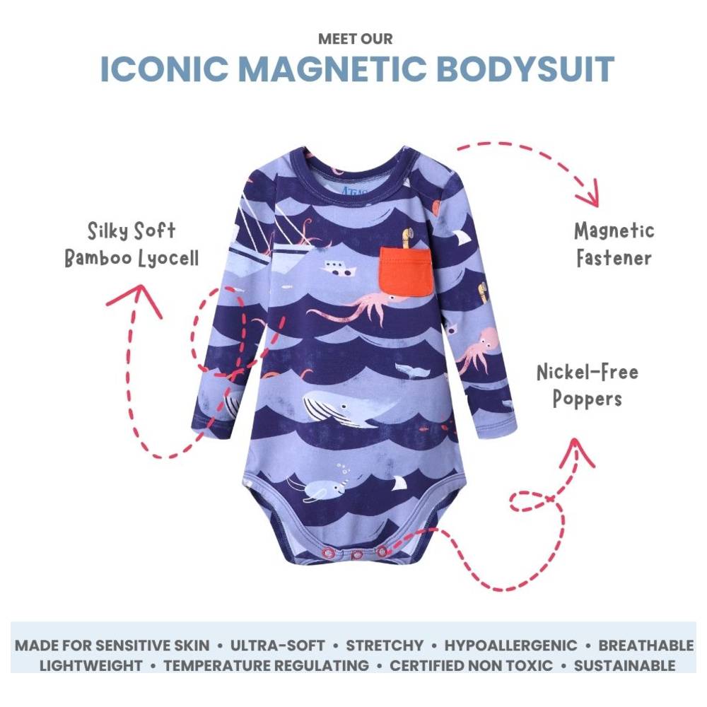 Atlas & Maya - Iconic Long Sleeve Magnetic Bodysuit With Pocket - Ocean Snuggles