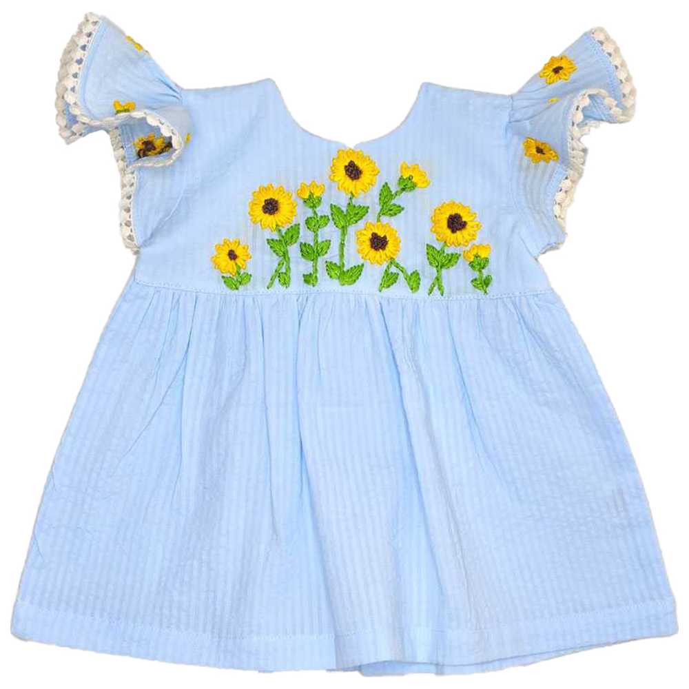 Keebee - Organic Cotton Sunflower Embroidered Dress - Blue
