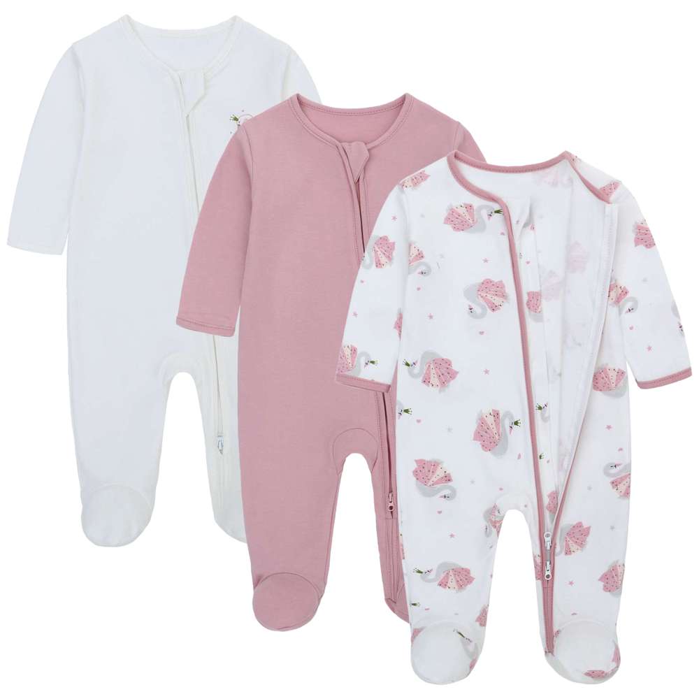 Miracle Baby - 3pc-Set - Baby Girl's 100% Long Sleeves Rompers With Zipper - Pink