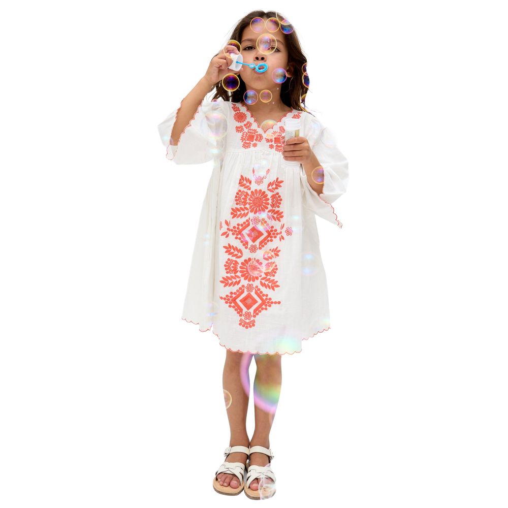 Raffya Kids - Girl's Arabella V-Neck Embroidered Dress - White