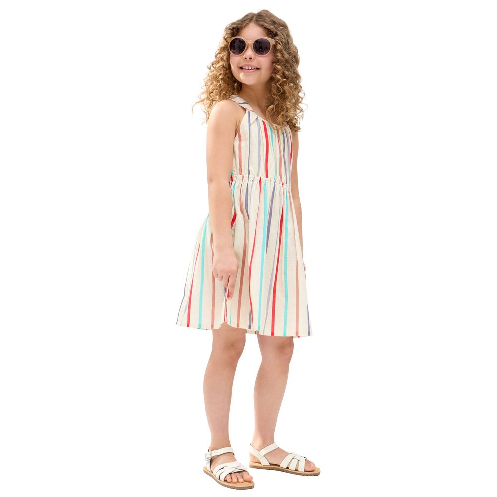 Raffya Kids - Girl's Kris Cross Back Stripe Print Dress - Cream
