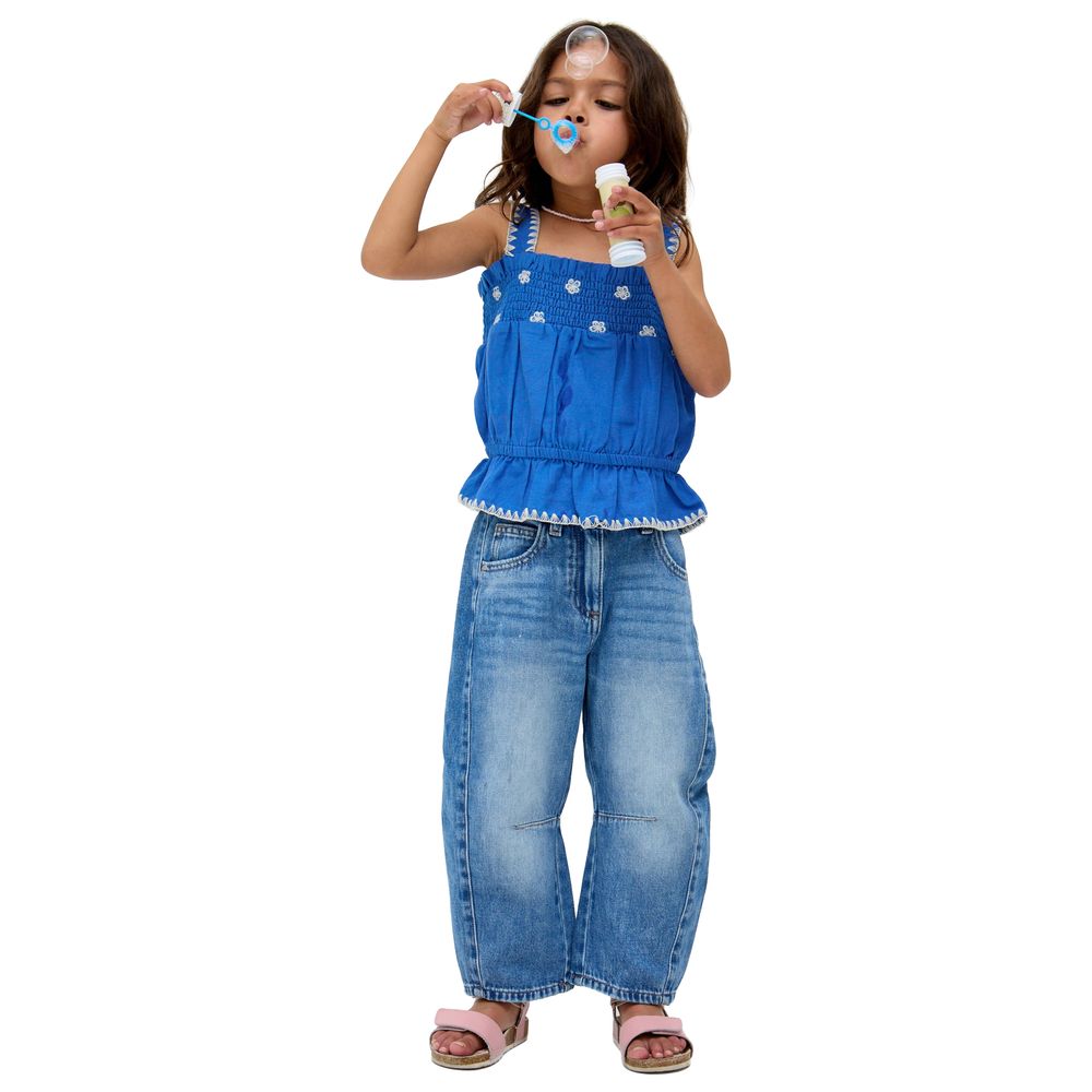 Raffya Kids - Girl's Tilly Blanket Stitch Peplum Hem Blouse - Blue