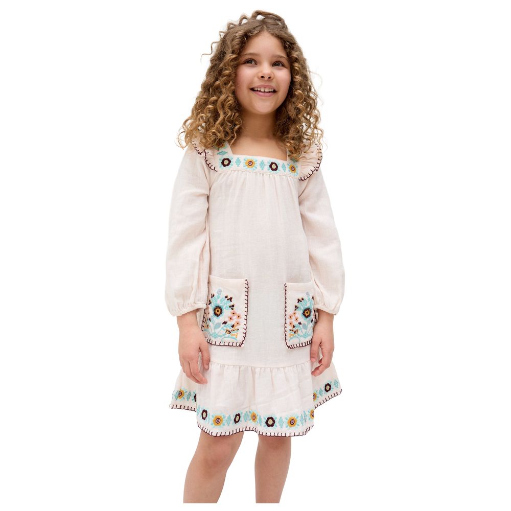 Raffya Kids - Girl's Lisa Square Neck Embroidered Dress - Cream
