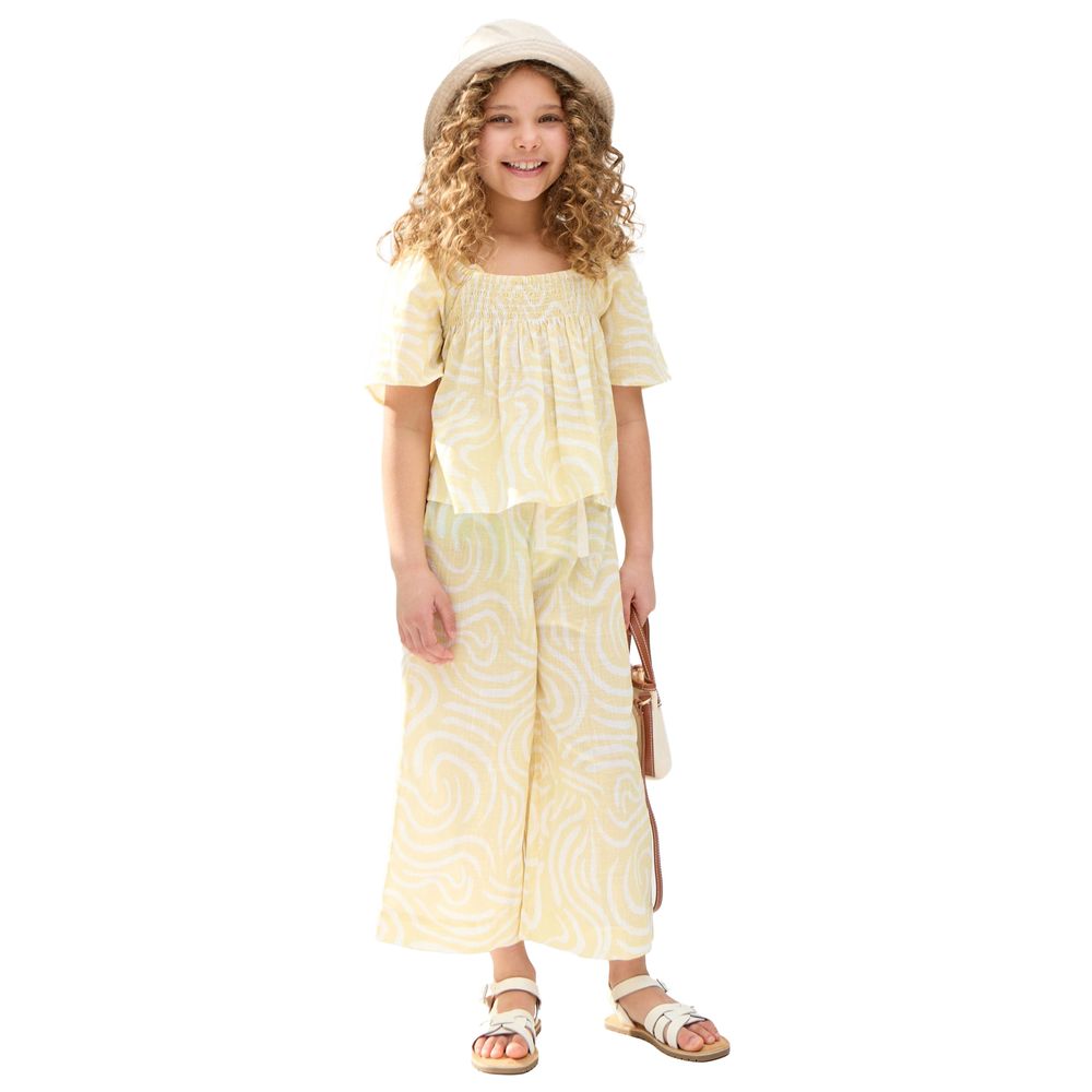 Raffya Kids - 2pc-Set - Girl's Nia Shirred Neck Zebra Swirl Print Co-Ord Set - Yellow