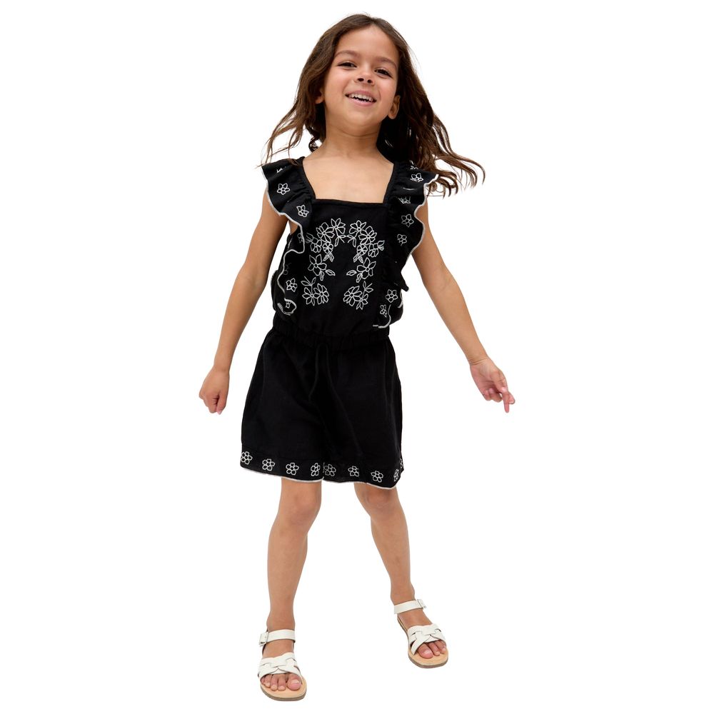 Raffya Kids - Girl's Philo Ruffle Neck Embroidered Playsuit - Black