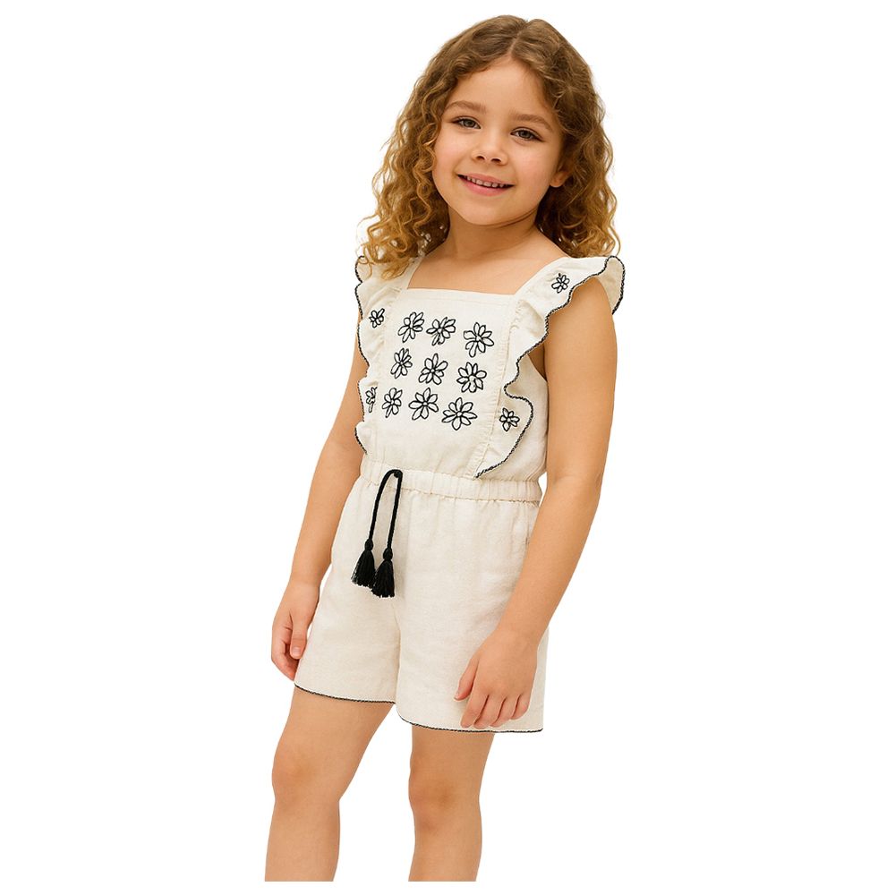 Raffya Kids - Girl's Philo Ruffle Neck Embroidered Playsuit - White