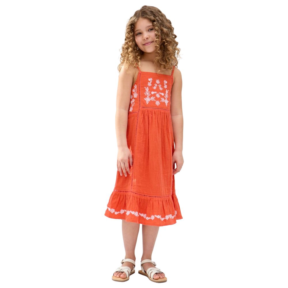 Raffya Kids - Girl's Eina Ladder Insert Embroidered Dress - Orange