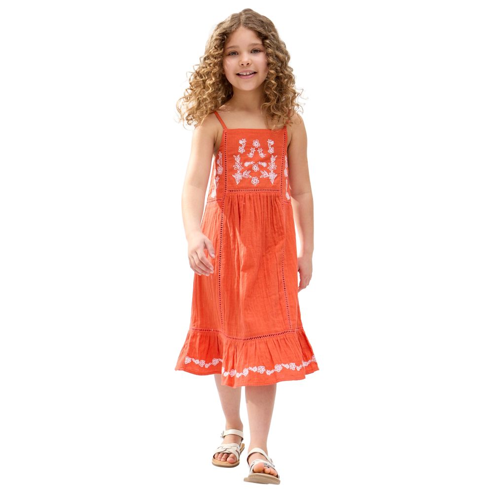 Raffya Kids - Girl's Eina Ladder Insert Embroidered Dress - Orange
