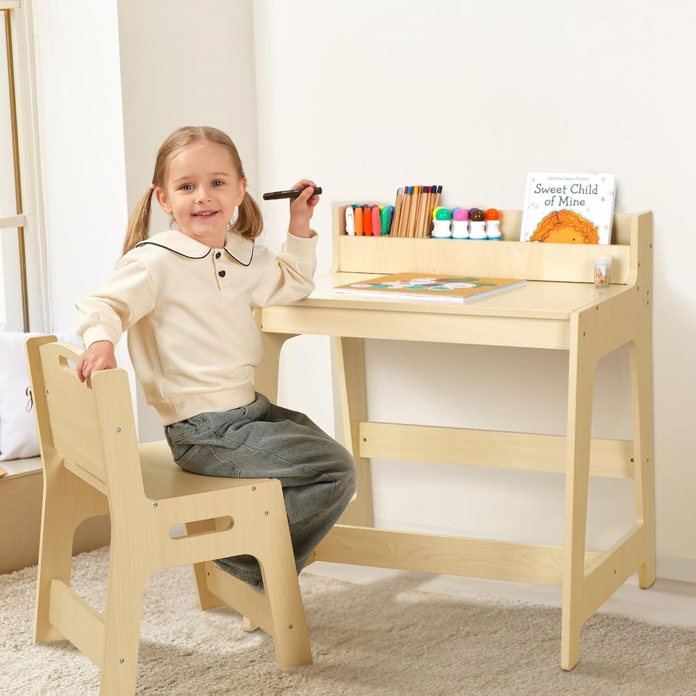 Oook - Wooden Study Table With Chair Set - Beige - 2 Pcs