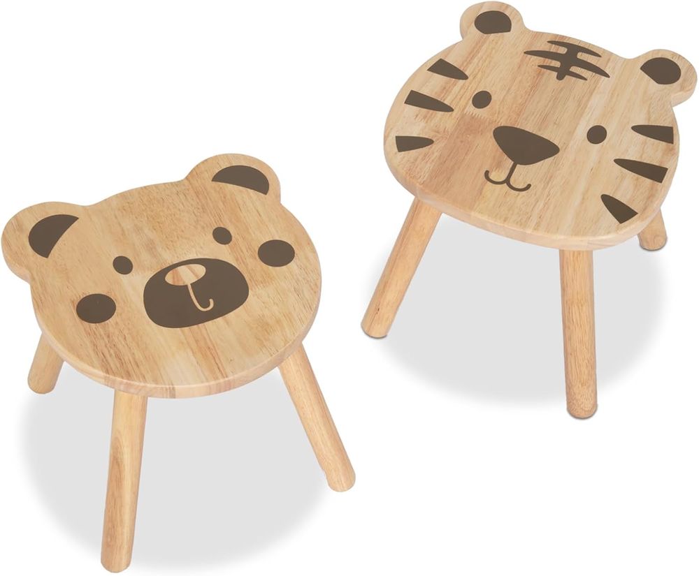 Oook - Kids' Bear And Tiger Printed Stool Set - Brown - 2 Pcs
