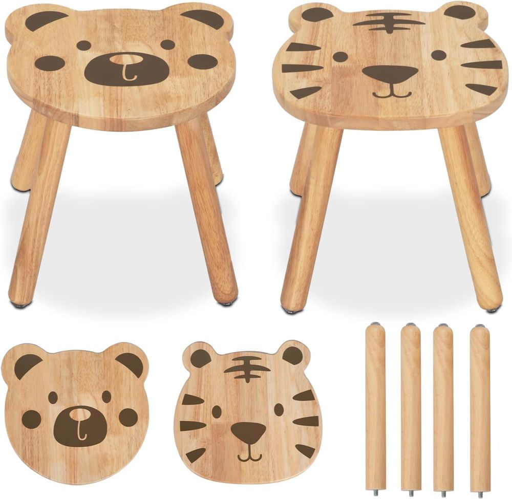 Oook - Kids' Bear And Tiger Printed Stool Set - Brown - 2 Pcs