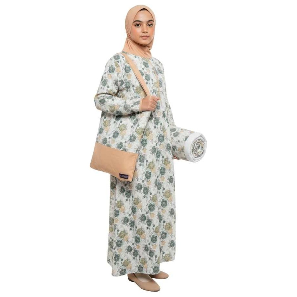 Artemea - 3pc-Set - Printed Girls Prayer Dress With Zipper, Matching Prayer Mat & Bag - Cream