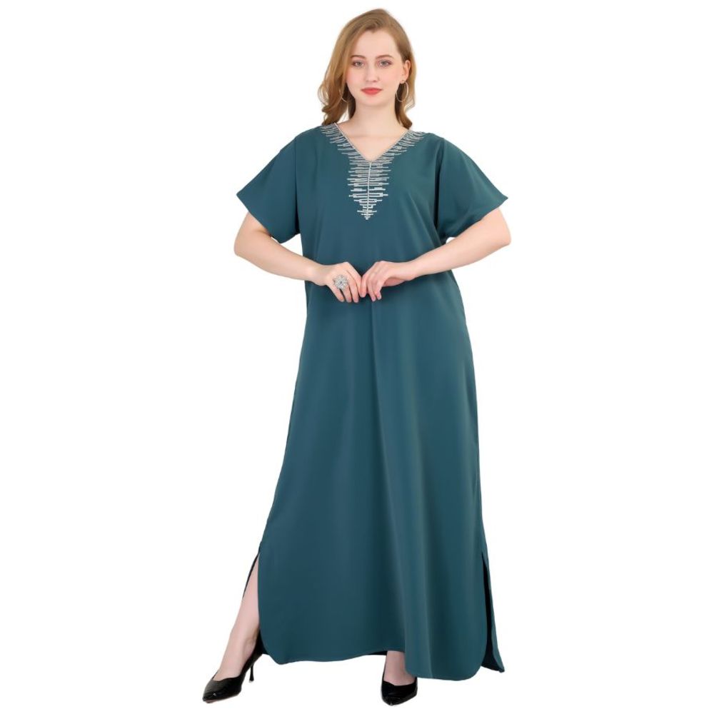 Artemea - Women's Soft Shiny Satin Finish Hand Embroidered Short Sleeves Jalabiya - Blue