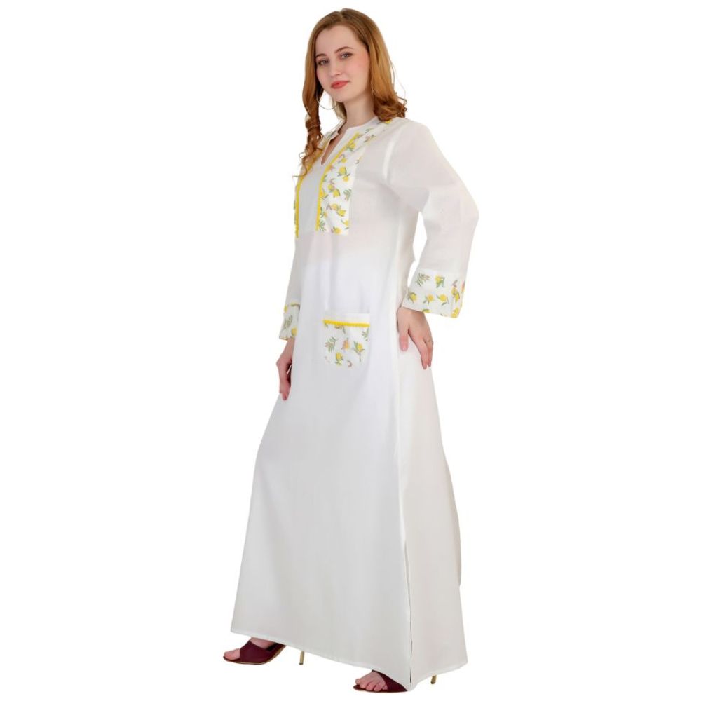 Artemea - Women's Linen Look Cotton Jalabiya With Printed Yoke & Pockets With Lace Details - White