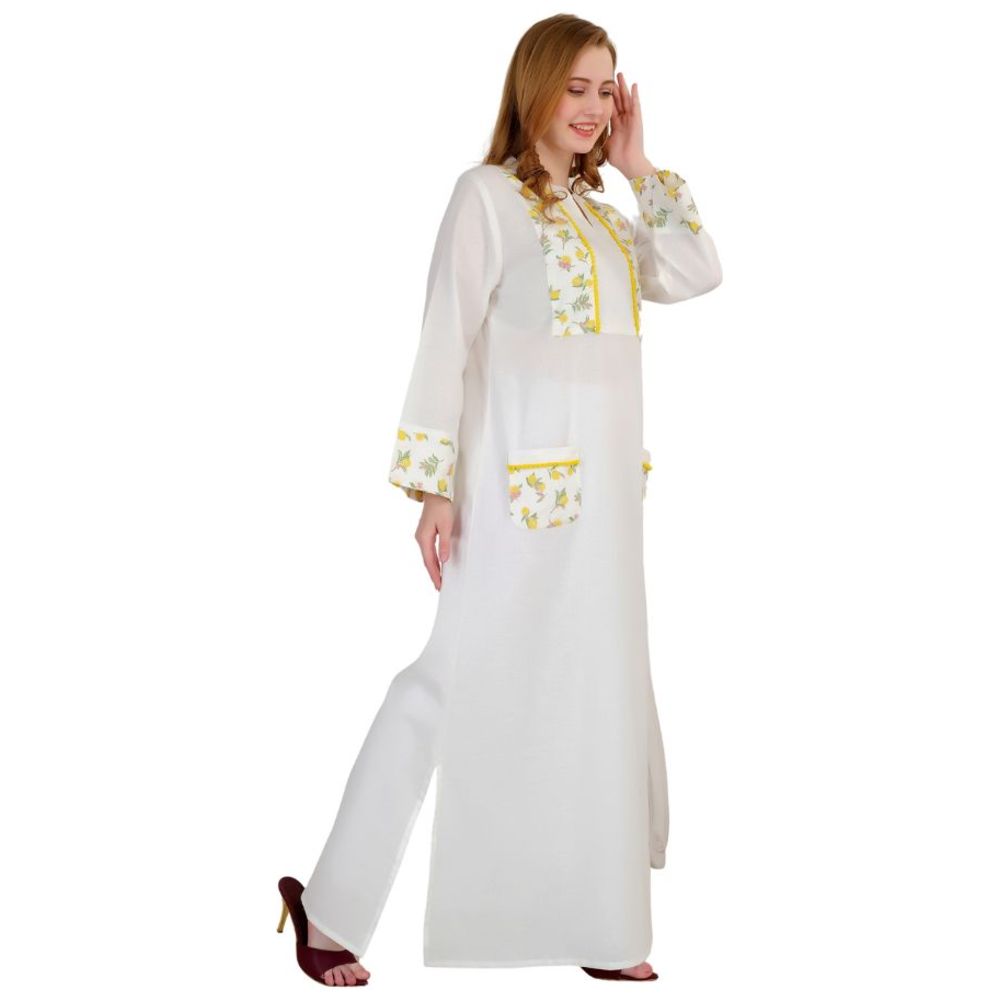 Artemea - Women's Linen Look Cotton Jalabiya With Printed Yoke & Pockets With Lace Details - White