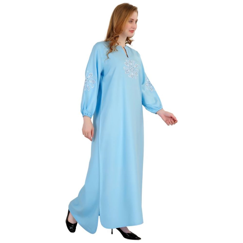 Artemea - Women's Rayon Jalabiya With Delicate Embroidery & Sleeve Cuff Details - Blue