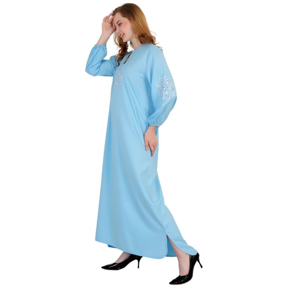 Artemea - Women's Rayon Jalabiya With Delicate Embroidery & Sleeve Cuff Details - Blue