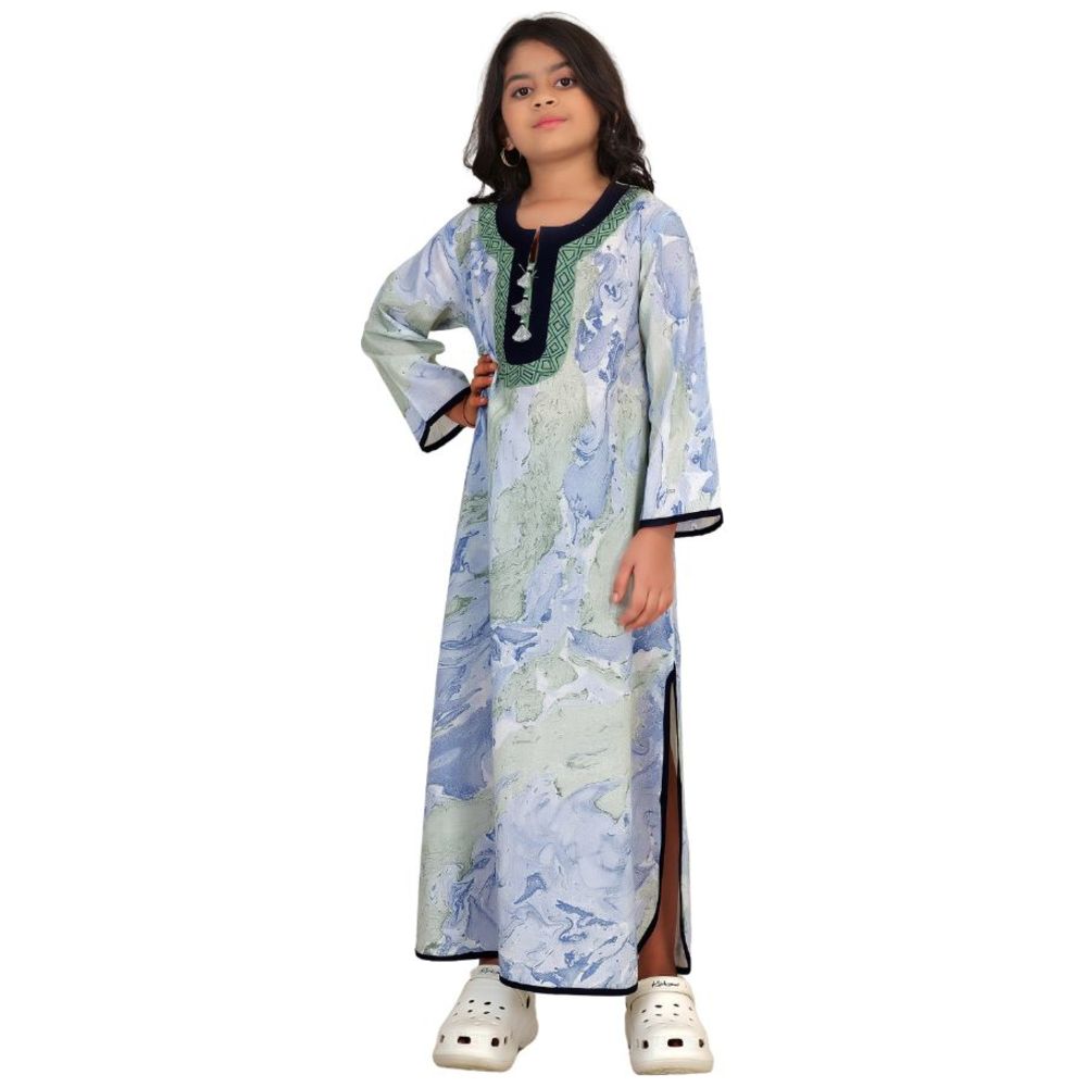 Artemea - Girl's Hand Marble Printed Cotton Embroidered Jalabiya With Side Slit Styling