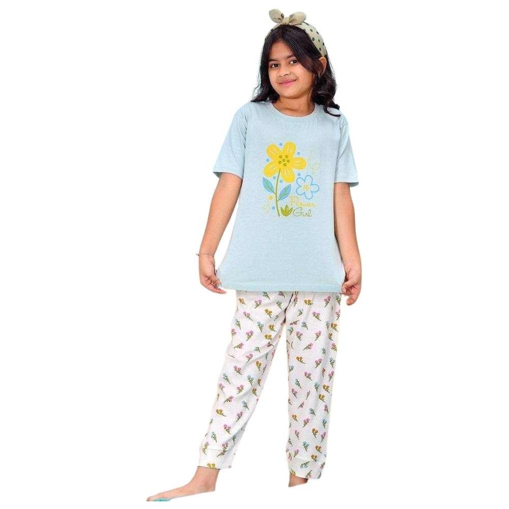 Artemea - 2pc-Set - Flower Printed Girls Premium Mint Boxy T-Shirt & Floral Printed Pajama Set