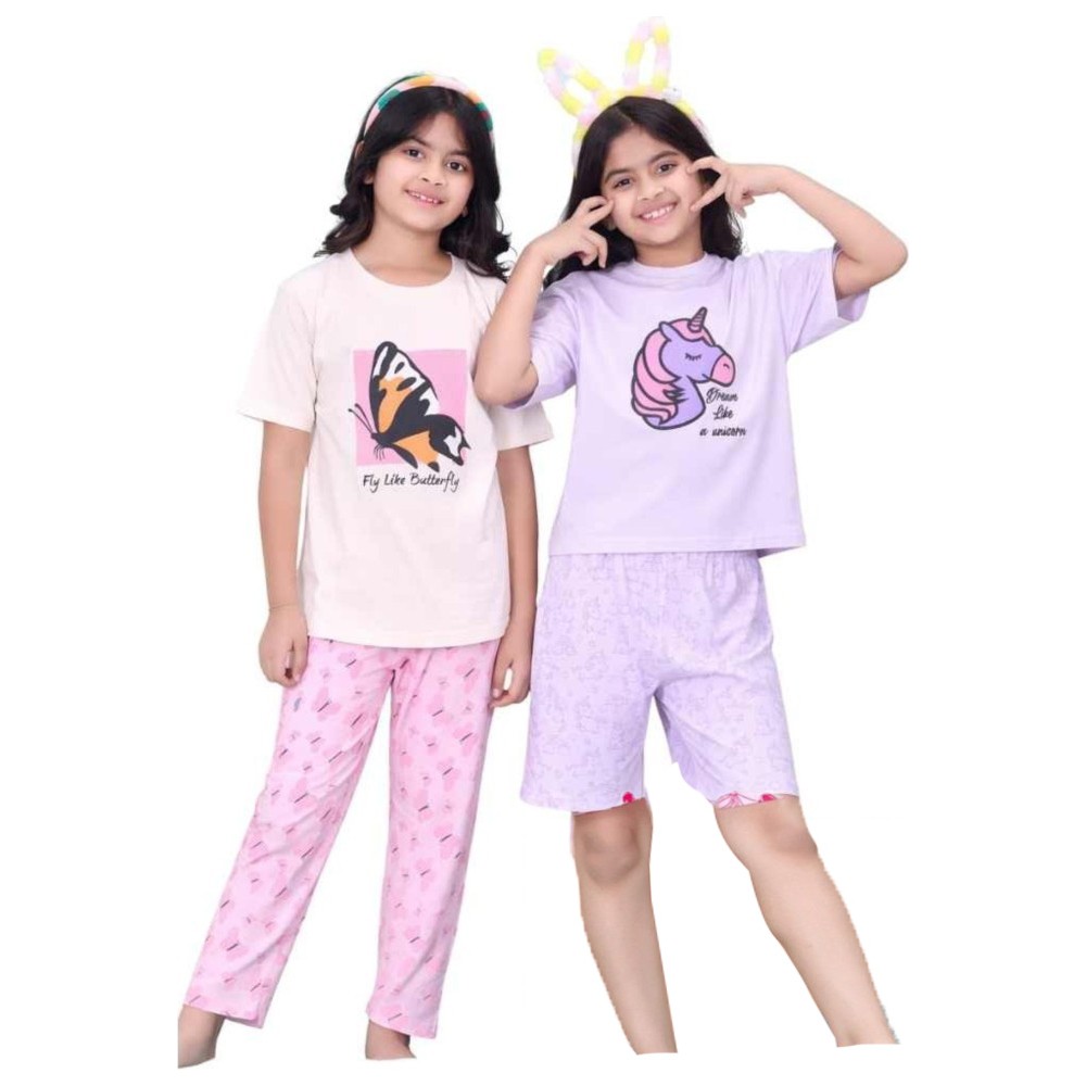 Artemea - 4pc-Set - Girls Dream Like A Unicorn Print Short Set & Butterfly Printed Pajama Set