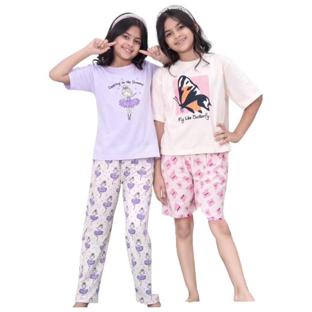 Artemea - 4pc-Set - Girls Butterfly Print Short Set & Ballerina Printed Pajama Set