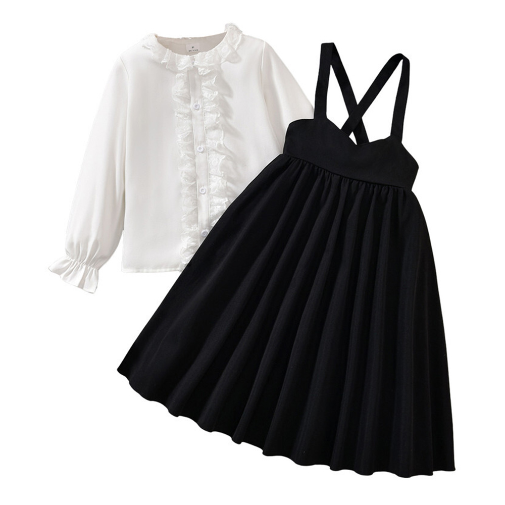 Kikofendy - 2pc-Set - Little Girls' Stylish Long-Sleeve Shirt Top And Classic Suspender Skirt
