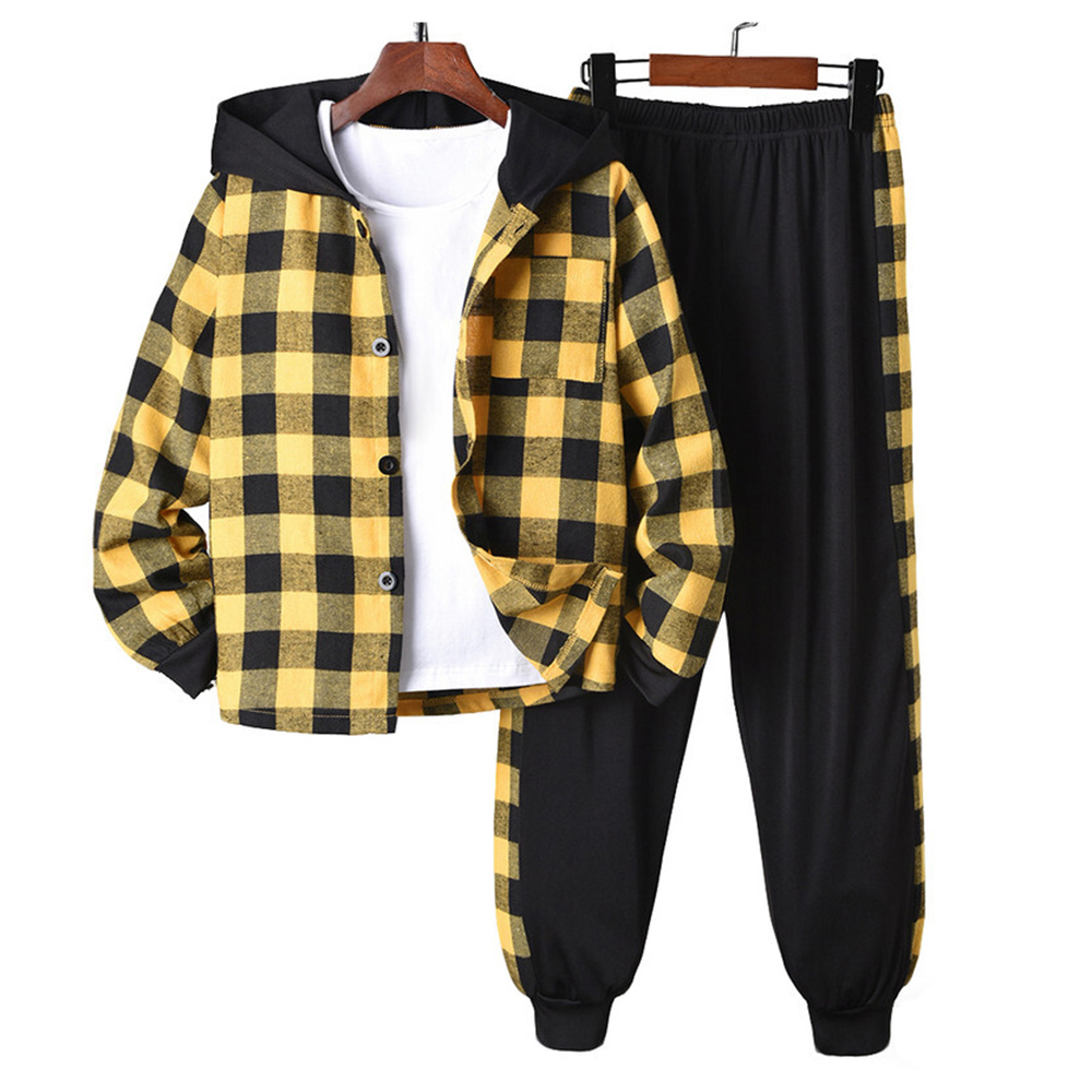 Kikofendy - 2pc-Set - Boys' Hooded Jacket And Color-Block Patchwork Cuffed Pants - Yellow/Black