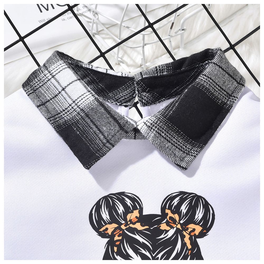 Kikofendy - 2pc-Set - Girls Plaid Collar Sweatshirt With Minimalist Print Plaid Mini Skirt