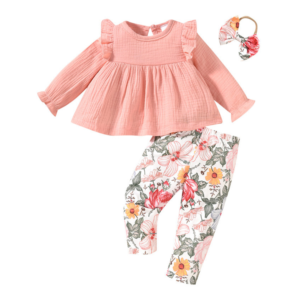 Kikofendy - 3pc-Set - Sweet Vintage Girls Pink Ruffled Babydoll Top, Floral Printed Leggings And Floral Headband