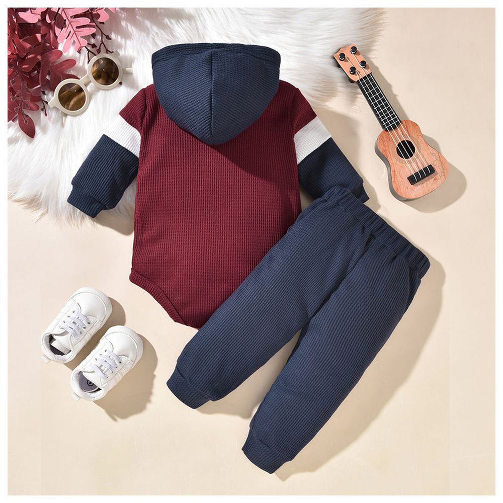 Kikofendy - 2pc-Set - Trendy "DADDY'S BOY" Letter Bodysuit And Navy Waffle-Knit Pants