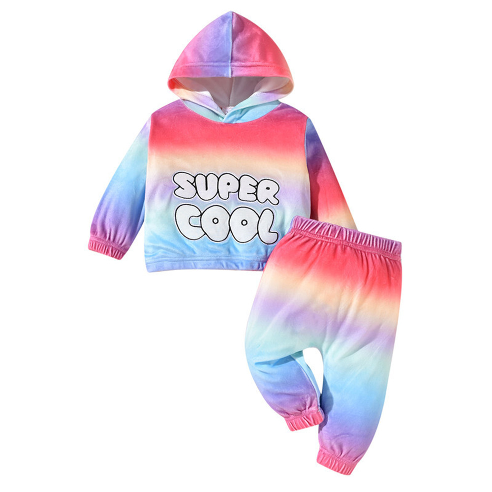 Kikofendy - 2pc-Set - Kids' Colorful "SUPER COOL" Letter Embroidery Plush Sweatshirt And Pants