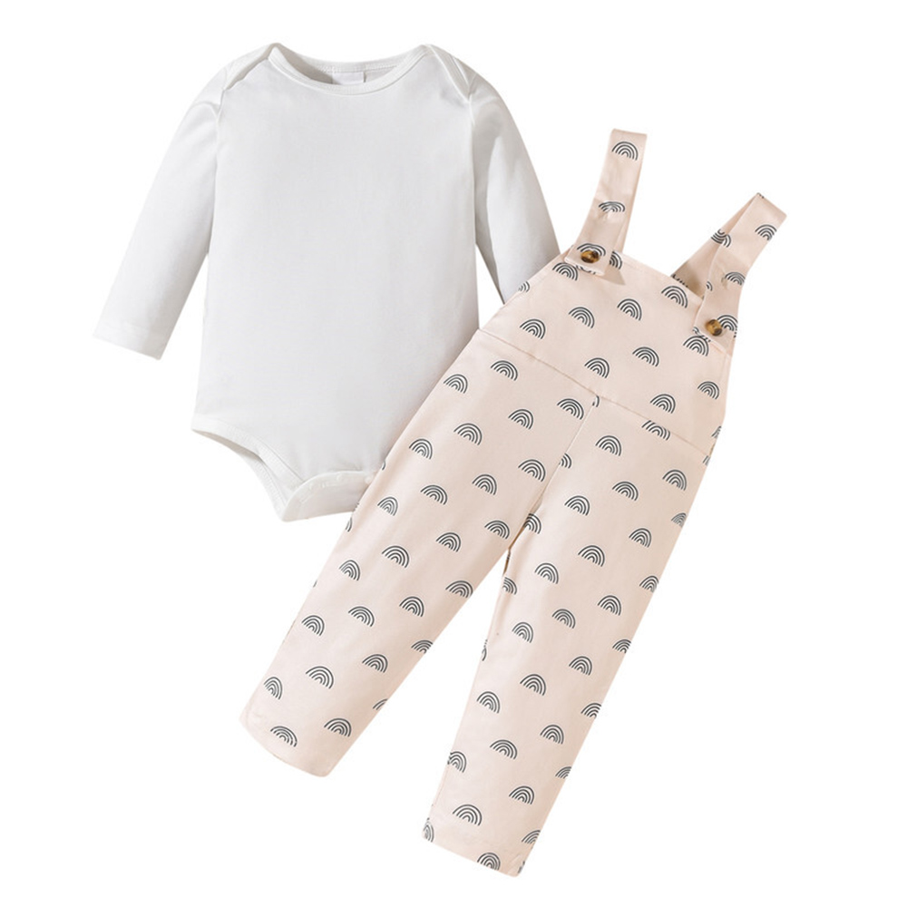 Kikofendy - 2pc-Set - White Long-Sleeve Bodysuit And Rainbow Printed Overalls