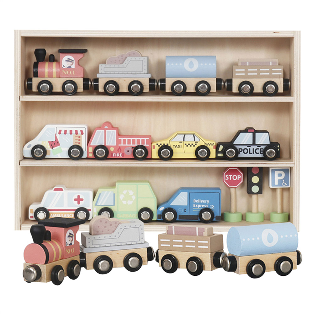 Littlechus Wooden Car and Train Playset - 16 Pc Set