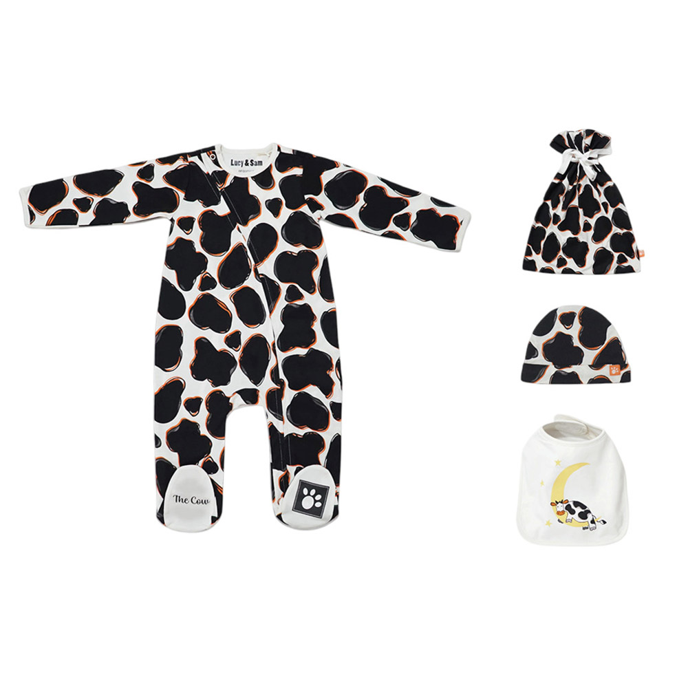 Lucy & Sam - Baby Cow Babygrow With Bib, Hat And Drawstring Bag