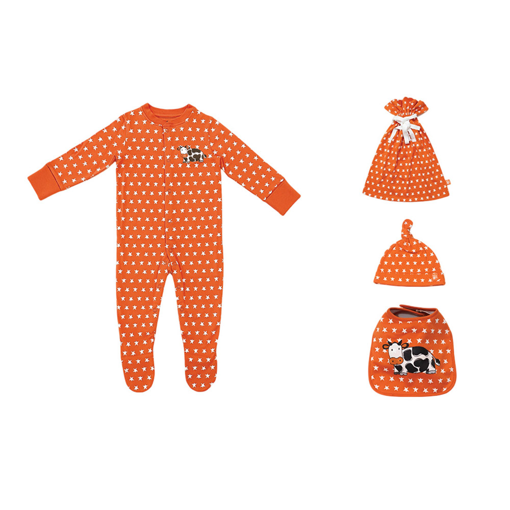 Lucy & Sam - Baby Pumpkin Star Babygrow With Bib, Bandana Hat And Drawstring Bag - Orange