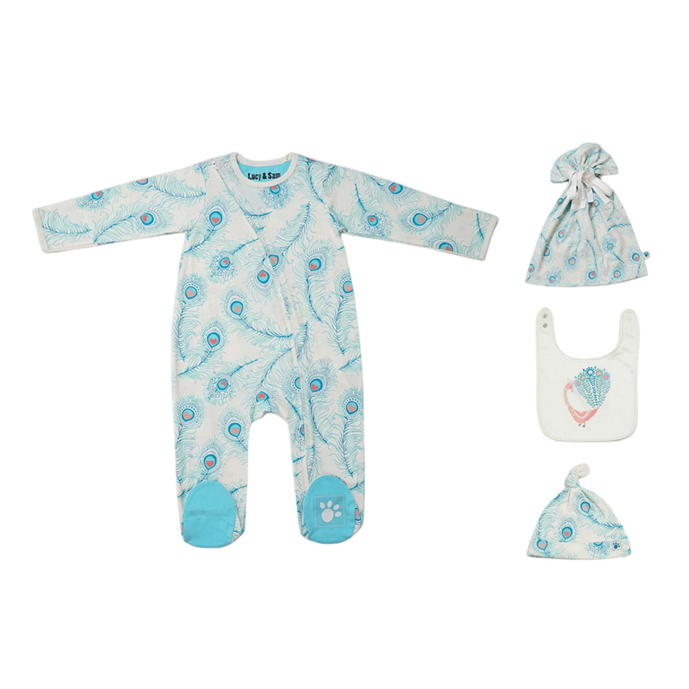 Lucy & Sam - Baby Peacock Babygrow With Bib, Knot Hat And Drawstring Bag - White