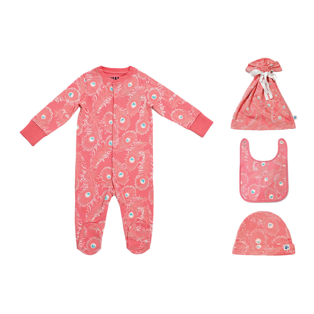 Lucy & Sam - Baby Girl's Peacock Babygrow With Bib, Hat And Drawstring Bag - Pink