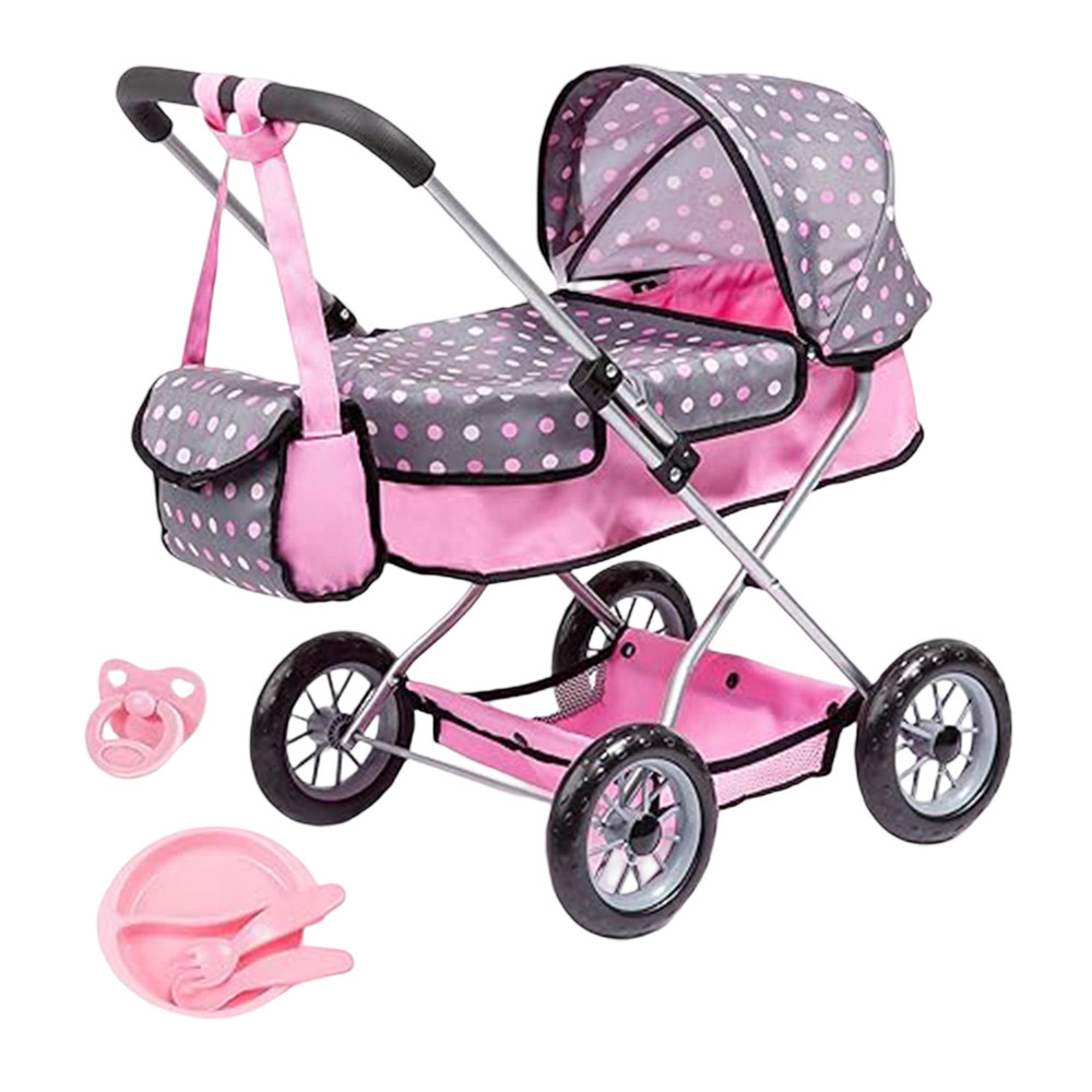 Bayer - Smarty Baby Doll's Stroller Pram And Pacifier With Feeding Set - Pink - 11 Pc Set