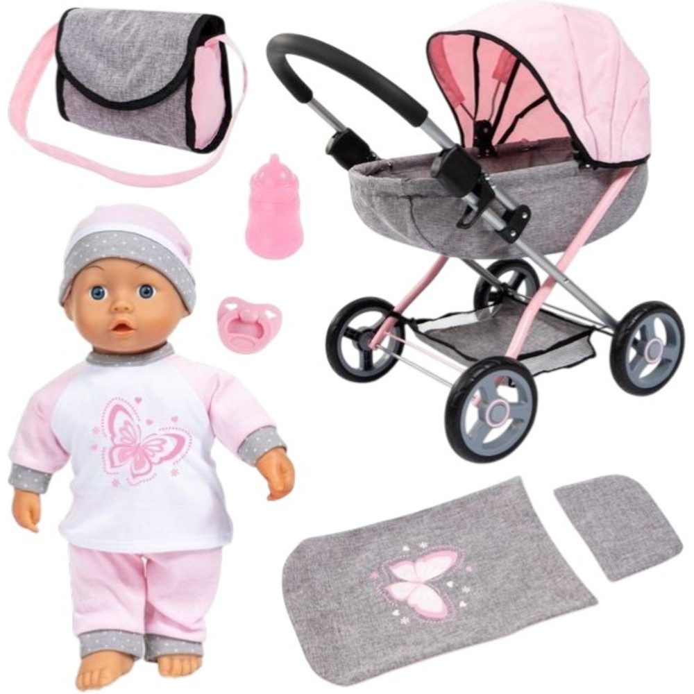 Bayer - Smarty Baby Doll's Stroller Pram Set - Grey/Pink - 7 Pc Set