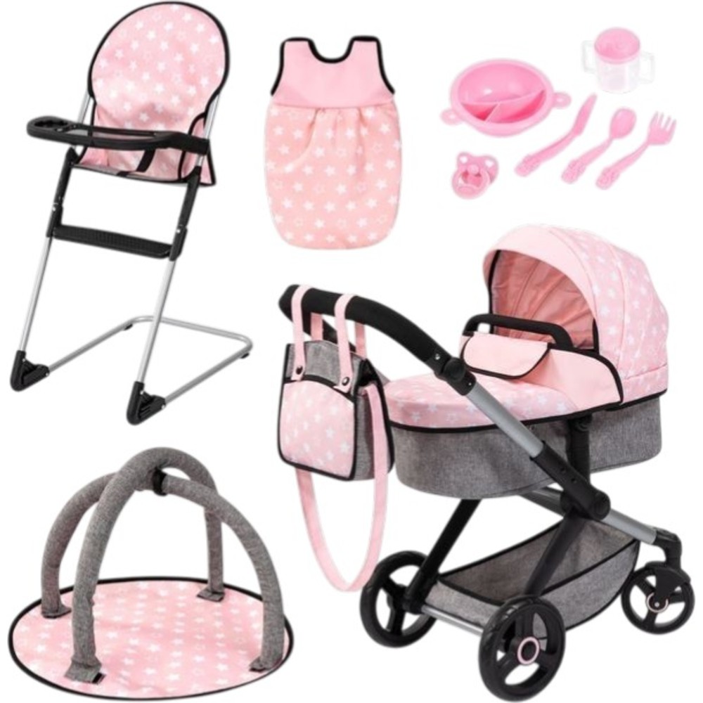 Bayer - Xeo Combi Baby Doll's Stroller Pram Set - Pink - 12 Pc Set