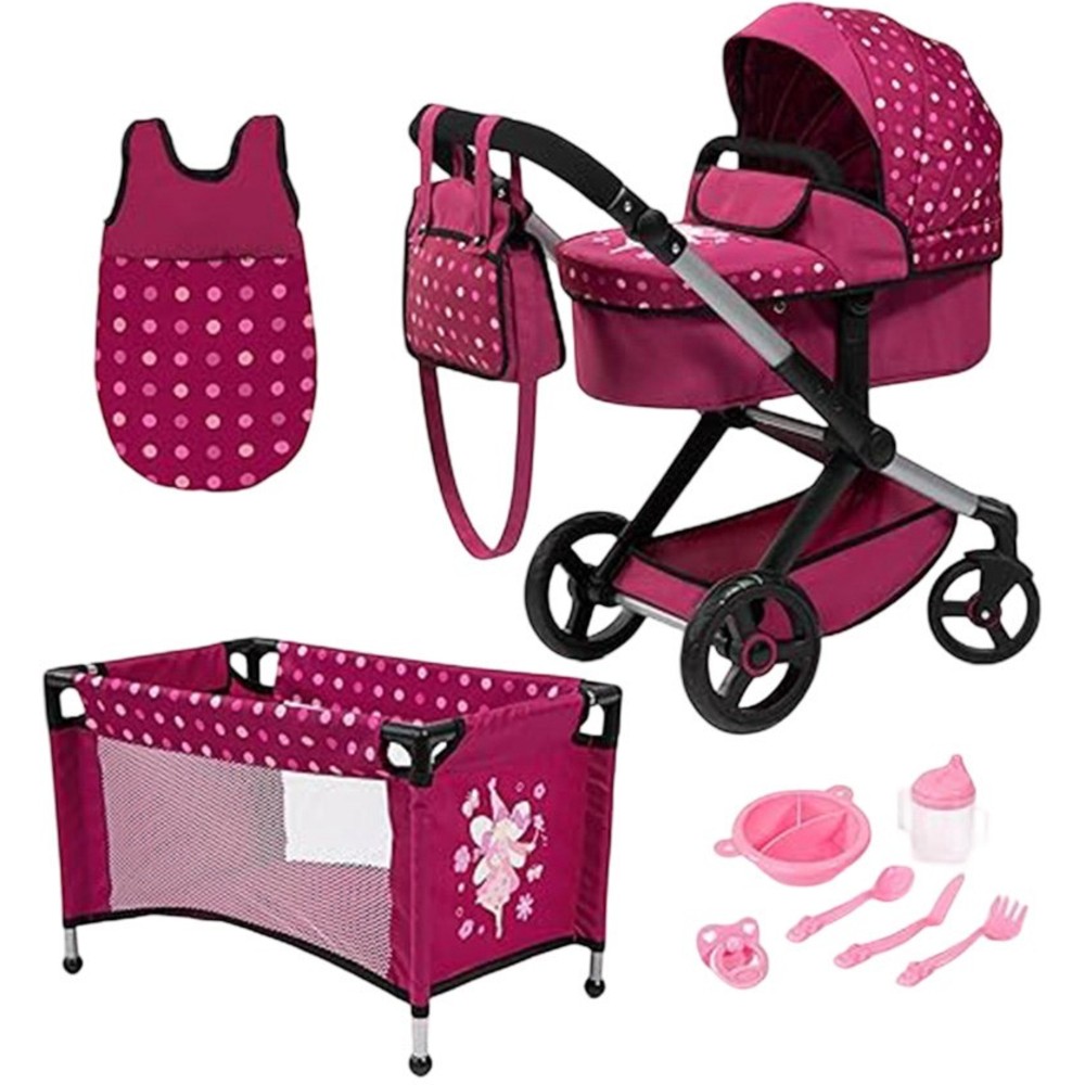 Bayer - Xeo Combi Baby Doll's Stroller Pram With Bag - Magenta - 11 Pc Set