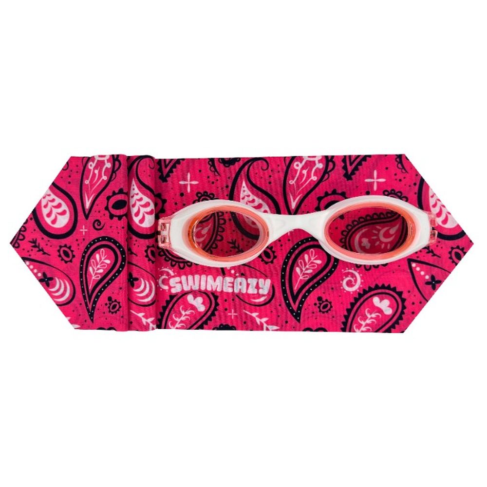 Swimeazy - Pink Bandana Headband And White Goggle With Pink Lenses