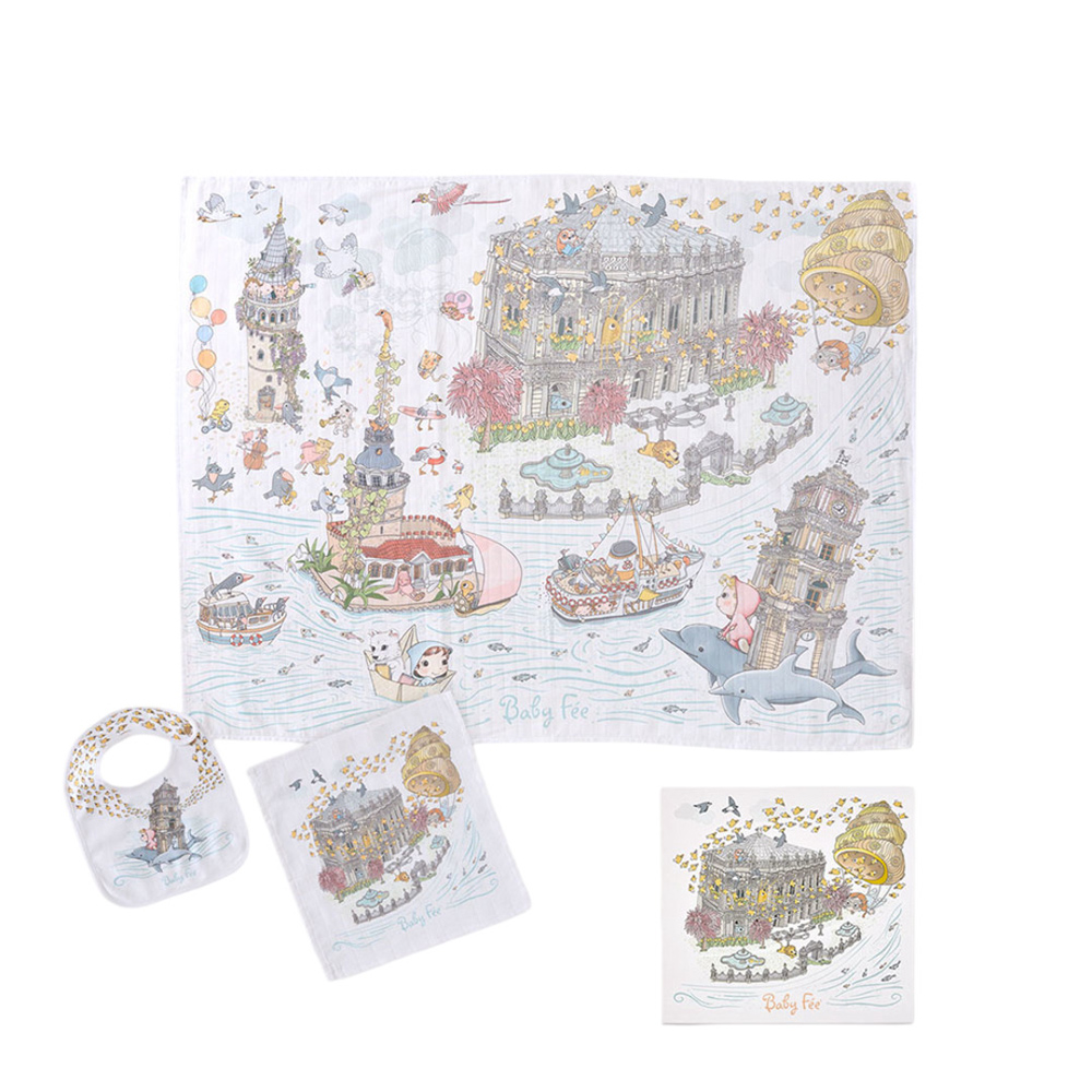 Baby Fee - Muslin Blanket With Bib And Burp Cloth Gift Set - Istanbul